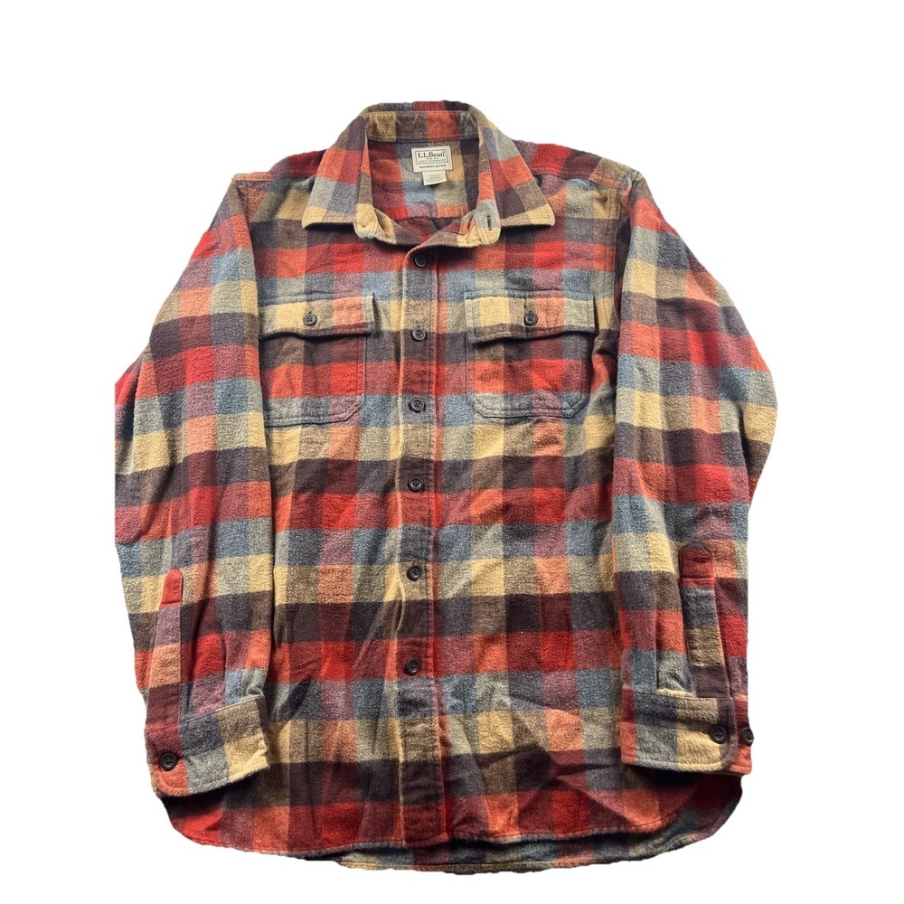 LL Bean Flannel Shirt Men's Medium Plaid Apple Cinnamon Chamois Cloth 512313
